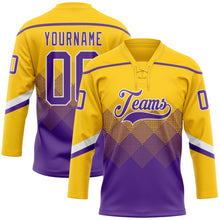 Charger l'image dans la galerie, Custom Yellow Purple-White 3D Pattern Gradient Square Shapes Hockey Lace Neck Jersey