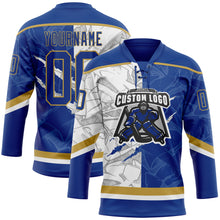 Load image into Gallery viewer, Custom Royal White-Old Gold 3D Pattern Gradient Fashion Scratch Hockey Lace Neck Jersey