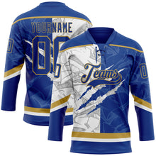 Load image into Gallery viewer, Custom Royal White-Old Gold 3D Pattern Gradient Fashion Scratch Hockey Lace Neck Jersey
