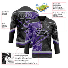 Load image into Gallery viewer, Custom Black Purple-Gray 3D Pattern Gradient Fashion Scratch Hockey Lace Neck Jersey