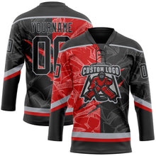 Load image into Gallery viewer, Custom Black Red-Gray 3D Pattern Gradient Fashion Scratch Hockey Lace Neck Jersey