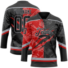 Load image into Gallery viewer, Custom Black Red-Gray 3D Pattern Gradient Fashion Scratch Hockey Lace Neck Jersey