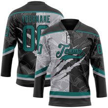 Charger l'image dans la galerie, Custom Black Teal-Gray 3D Pattern Gradient Fashion Scratch Hockey Lace Neck Jersey