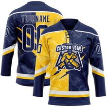 Load image into Gallery viewer, Custom Navy Yellow-White 3D Pattern Gradient Fashion Scratch Hockey Lace Neck Jersey