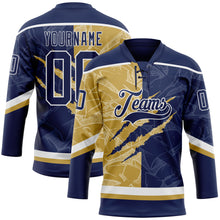 Charger l'image dans la galerie, Custom Navy Old Gold-White 3D Pattern Gradient Fashion Scratch Hockey Lace Neck Jersey