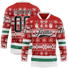 Laden Sie das Bild in den Galerie-Viewer, Custom Red Black-White 3D Christmas Ugly Sweater Hockey Lace Neck Jersey