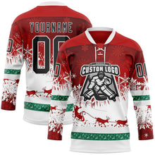 Laden Sie das Bild in den Galerie-Viewer, Custom Red Black-White 3D Christmas Reindeer Hockey Lace Neck Jersey