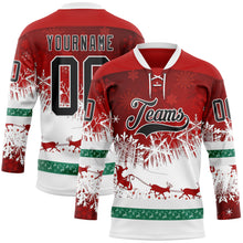 Laden Sie das Bild in den Galerie-Viewer, Custom Red Black-White 3D Christmas Reindeer Hockey Lace Neck Jersey