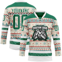 Laden Sie das Bild in den Galerie-Viewer, Custom Red Kelly Green-White 3D Christmas Ugly Sweater Hockey Lace Neck Jersey