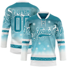 Load image into Gallery viewer, Custom Teal Teal-White 3D Christmas Reindeer Hockey Lace Neck Jersey