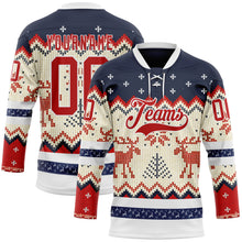 Load image into Gallery viewer, Custom Navy Red-White 3D Christmas Ugly Sweater Hockey Lace Neck Jersey