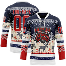 Charger l'image dans la galerie, Custom Navy Red-White 3D Christmas Ugly Sweater Hockey Lace Neck Jersey