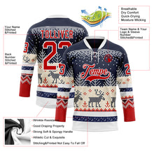 Charger l'image dans la galerie, Custom Navy Red-White 3D Christmas Ugly Sweater Hockey Lace Neck Jersey