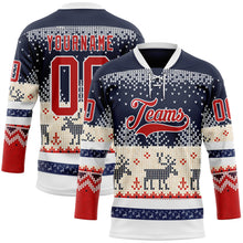 Charger l'image dans la galerie, Custom Navy Red-White 3D Christmas Ugly Sweater Hockey Lace Neck Jersey