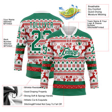 Laden Sie das Bild in den Galerie-Viewer, Custom Red Kelly Green-White 3D Christmas Ugly Sweater Hockey Lace Neck Jersey