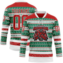 Laden Sie das Bild in den Galerie-Viewer, Custom Kelly Green Red-White 3D Christmas Ugly Sweater Hockey Lace Neck Jersey