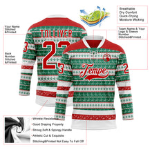 Laden Sie das Bild in den Galerie-Viewer, Custom Kelly Green Red-White 3D Christmas Ugly Sweater Hockey Lace Neck Jersey