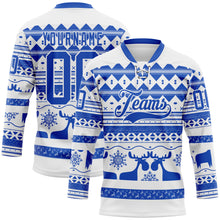Laden Sie das Bild in den Galerie-Viewer, Custom White Thunder Blue-White 3D Christmas Ugly Sweater Hockey Lace Neck Jersey