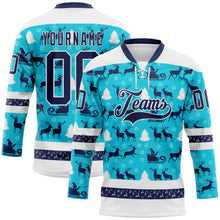 Laden Sie das Bild in den Galerie-Viewer, Custom Lakes Blue Navy-White 3D Christmas Hockey Lace Neck Jersey