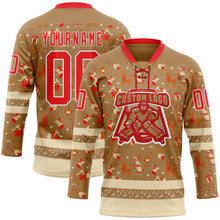 Laden Sie das Bild in den Galerie-Viewer, Custom Old Gold Fire Red-White 3D Christmas Hockey Lace Neck Jersey