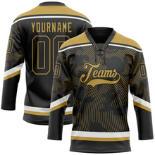 Загрузить изображение в средство просмотра галереи, Custom Black Old Gold-White 3D Pattern Curve Lines Hockey Lace Neck Jersey