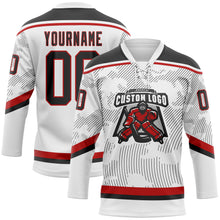 Laden Sie das Bild in den Galerie-Viewer, Custom White Black-Red 3D Pattern Curve Lines Hockey Lace Neck Jersey