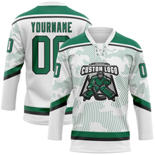 Load image into Gallery viewer, Custom White Kelly Green-Black 3D Pattern Curve Lines Hockey Lace Neck Jersey