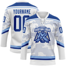 Load image into Gallery viewer, Custom White Royal-Light Blue 3D Pattern Curve Lines Hockey Lace Neck Jersey