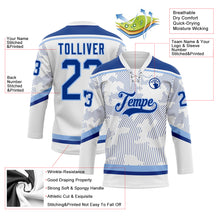 Load image into Gallery viewer, Custom White Royal-Light Blue 3D Pattern Curve Lines Hockey Lace Neck Jersey