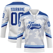 Load image into Gallery viewer, Custom White Royal-Light Blue 3D Pattern Curve Lines Hockey Lace Neck Jersey