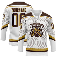Charger l'image dans la galerie, Custom White Brown-Old Gold 3D Pattern Curve Lines Hockey Lace Neck Jersey