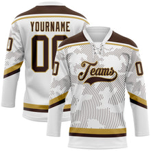 Charger l'image dans la galerie, Custom White Brown-Old Gold 3D Pattern Curve Lines Hockey Lace Neck Jersey