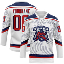 Load image into Gallery viewer, Custom White Red-Navy 3D Pattern Curve Lines Hockey Lace Neck Jersey