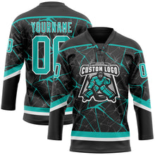Laden Sie das Bild in den Galerie-Viewer, Custom Black Aqua-White 3D Pattern Abstract Network Hockey Lace Neck Jersey
