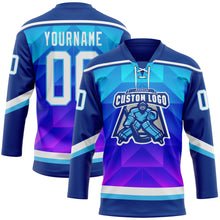 Laden Sie das Bild in den Galerie-Viewer, Custom Blue White Sky Blue-Purple 3D Pattern Gradient Geometric Shape Hockey Lace Neck Jersey