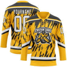 Load image into Gallery viewer, Custom Gold White-Black 3D Pattern Splash Art Hockey Lace Neck Jersey