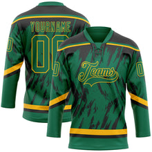 Load image into Gallery viewer, Custom Kelly Green Gold-Black 3D Pattern Splash Art Hockey Lace Neck Jersey