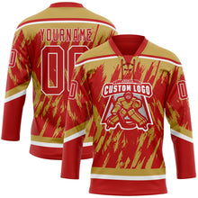 Load image into Gallery viewer, Custom Red Old Gold-White 3D Pattern Splash Art Hockey Lace Neck Jersey