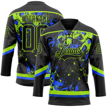 Load image into Gallery viewer, Custom Black Neon Green-Royal 3D Fluid Art Splash Hockey Lace Neck Jersey