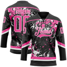 Laden Sie das Bild in den Galerie-Viewer, Custom Black Pink-White 3D Fluid Art Splash Hockey Lace Neck Jersey