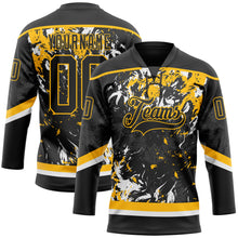 Laden Sie das Bild in den Galerie-Viewer, Custom Black Gold-White 3D Fluid Art Splash Hockey Lace Neck Jersey