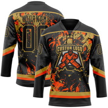 Загрузить изображение в средство просмотра галереи, Custom Black Old Gold-Orange 3D Fluid Art Splash Hockey Lace Neck Jersey