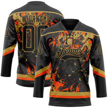 Загрузить изображение в средство просмотра галереи, Custom Black Old Gold-Orange 3D Fluid Art Splash Hockey Lace Neck Jersey