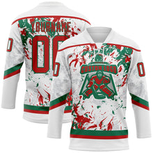 Load image into Gallery viewer, Custom White Red-Kelly Green 3D Fluid Art Splash Hockey Lace Neck Jersey