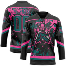 Laden Sie das Bild in den Galerie-Viewer, Custom Black Teal-Pink 3D Fluid Art Splash Hockey Lace Neck Jersey