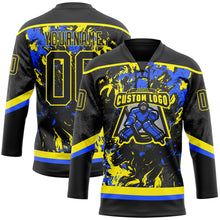 Load image into Gallery viewer, Custom Black Light Yellow-Royal 3D Fluid Art Splash Hockey Lace Neck Jersey