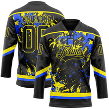 Load image into Gallery viewer, Custom Black Light Yellow-Royal 3D Fluid Art Splash Hockey Lace Neck Jersey