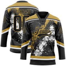 Laden Sie das Bild in den Galerie-Viewer, Custom Black Old Gold-White 3D Splash Art Hockey Lace Neck Jersey