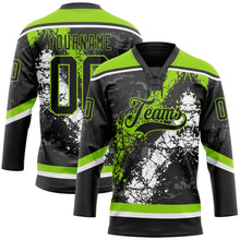 Load image into Gallery viewer, Custom Black Neon Green-White 3D Splash Art Hockey Lace Neck Jersey