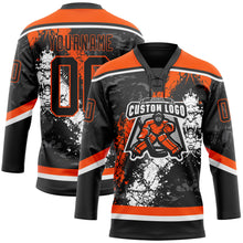 Laden Sie das Bild in den Galerie-Viewer, Custom Black Orange-White 3D Splash Art Hockey Lace Neck Jersey